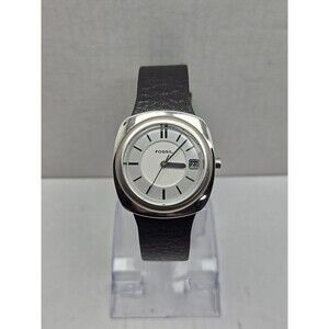 Fossil F2 Womens Cushion Silver Tone Date Watch Black Leather Strap New Battery